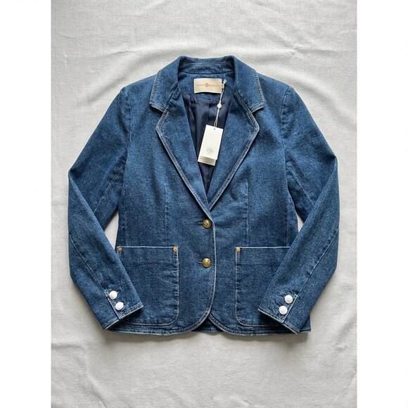 NWT Tory Burch Triple Wash Denim Blazer Jacket - Size 10 - Picture 1 of 14